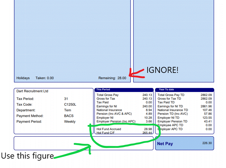 IGNORE! 
H'lidays Taken: O .00 
Dart Recruitment Ltd 
Tax 
Tax Code: 
Department: 
Payment Method: 
Payment Period: 
Use this figur 
31 
C1250L 
Remaining: 28.00 
Total Gross Pay 
fw Tax 
Tax Paid 
Earnings for NI 
National Insurance 
Pension (Inc AVC & APC) 
Employer NI 
Employer Pension Inc APC 
Hd Fund Accrued 
24013 
240 13 
000 
240.00 
894 
489 
1028 
386 
Total Gross Pay TD 
Gross for Tax TD 
Tax Pad TD 
Earnings NI TD 
National Irzurance TD 
Pension TD (Inc AVC) 
Pension TD 
APC TD 
Net Pay 
2862.09 
10746 
123_ss 
43.41 
226$ 